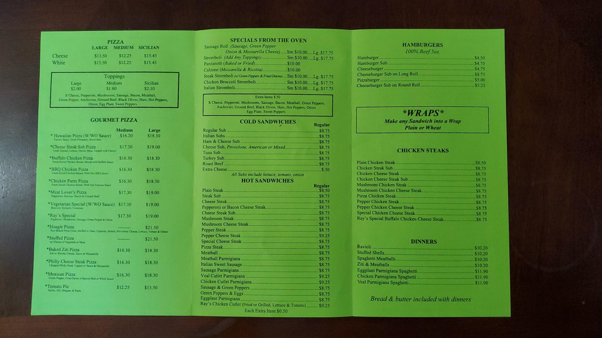 Ray's Pizza Menu